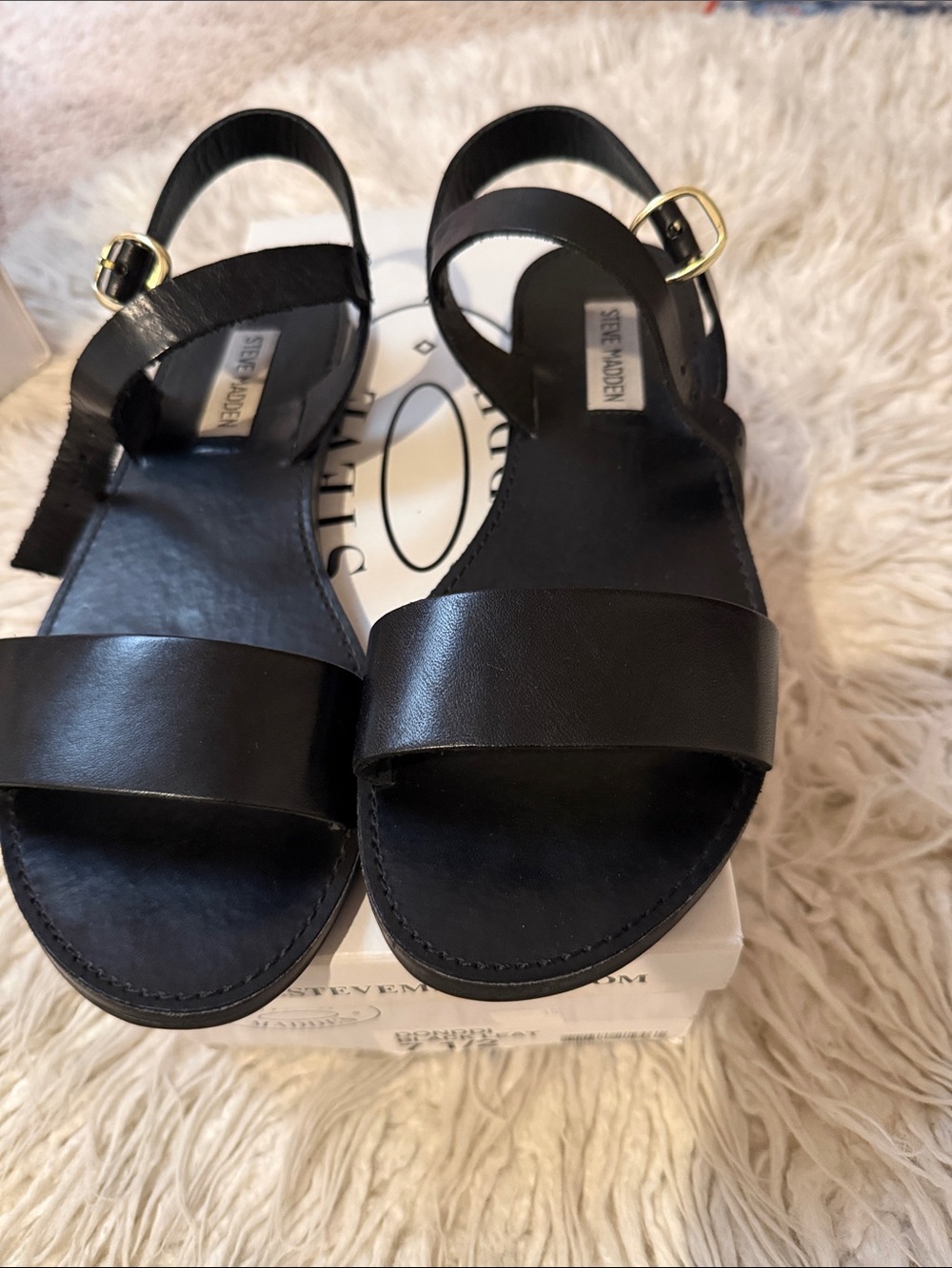Steve Madden Black Leather Ankle-Strap Sandals with Gold Buckles